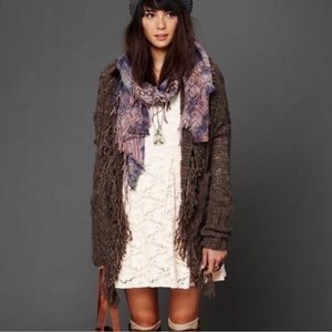 Free People Wool Blend Fringed Cardigan in Tan Brown